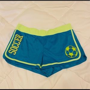 Justice "Soccer" shorts, girls size 20, blue and green